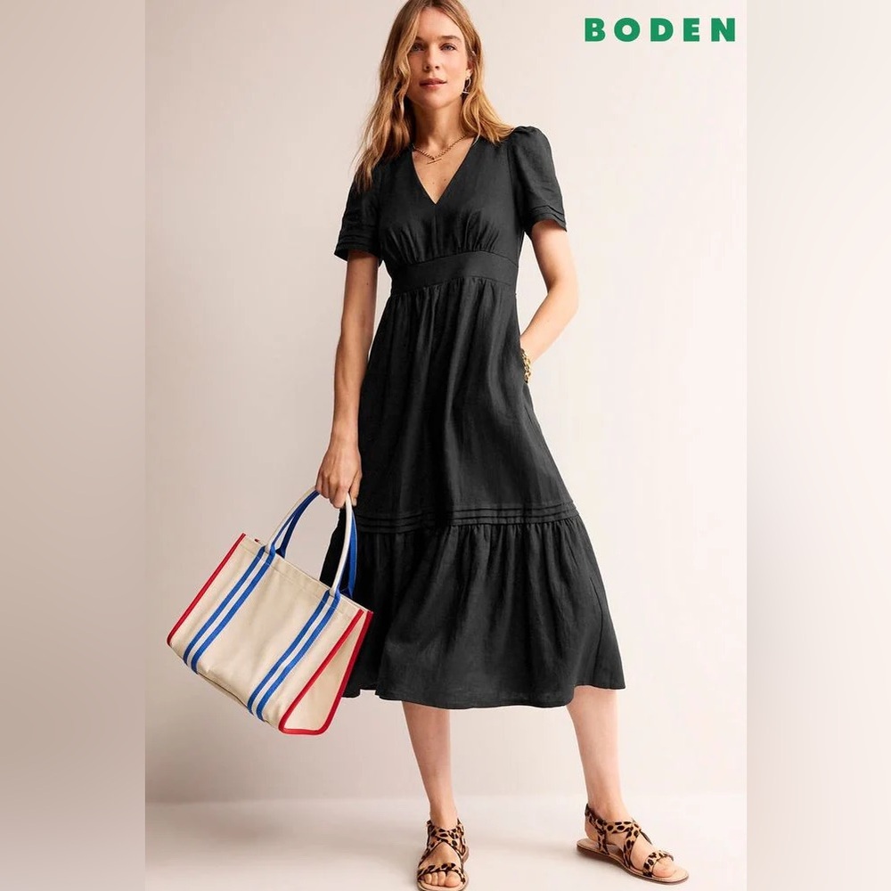 Boden Black Linen Puff Sleeve Midi Dress NWT Women’s US 12L - Picture 1 of 7